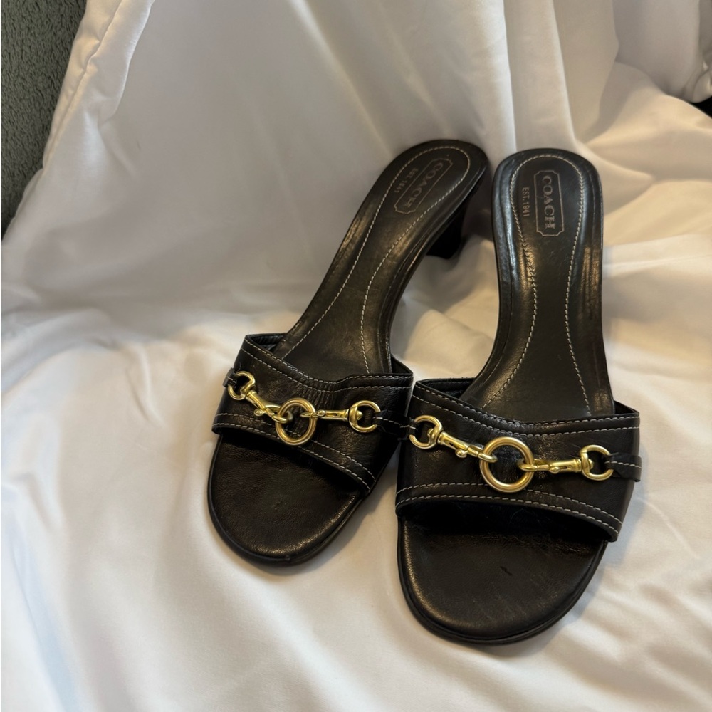 Coach Black Leather Slide Sandals with Gold Horsebit Accent